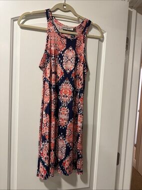 Veronica M Navy and Coral Print Sleeveless Dress